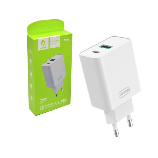 Adaptador Denmen DC08 USB + Tipo-C 18W Branco